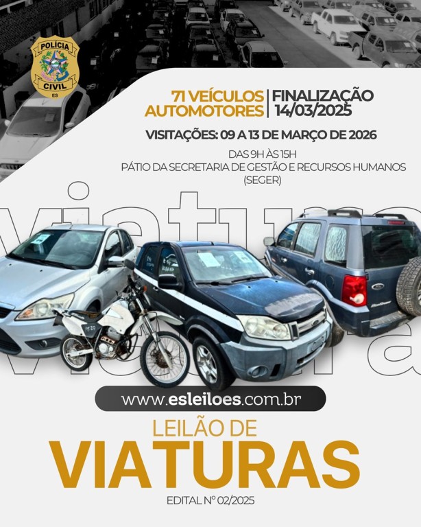 Polícia Civil do Espírito Santo publica edital para o 1º Leilão de Viaturas de 2026